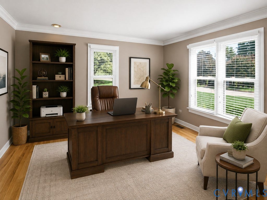 8806 Thornton Heath Drive, Chesterfield, VA 23832 Hardwood flooring, crown molding, built-in recessed lighting, white window trim, and a built-in wood-finish bookcase with lower cabinetry