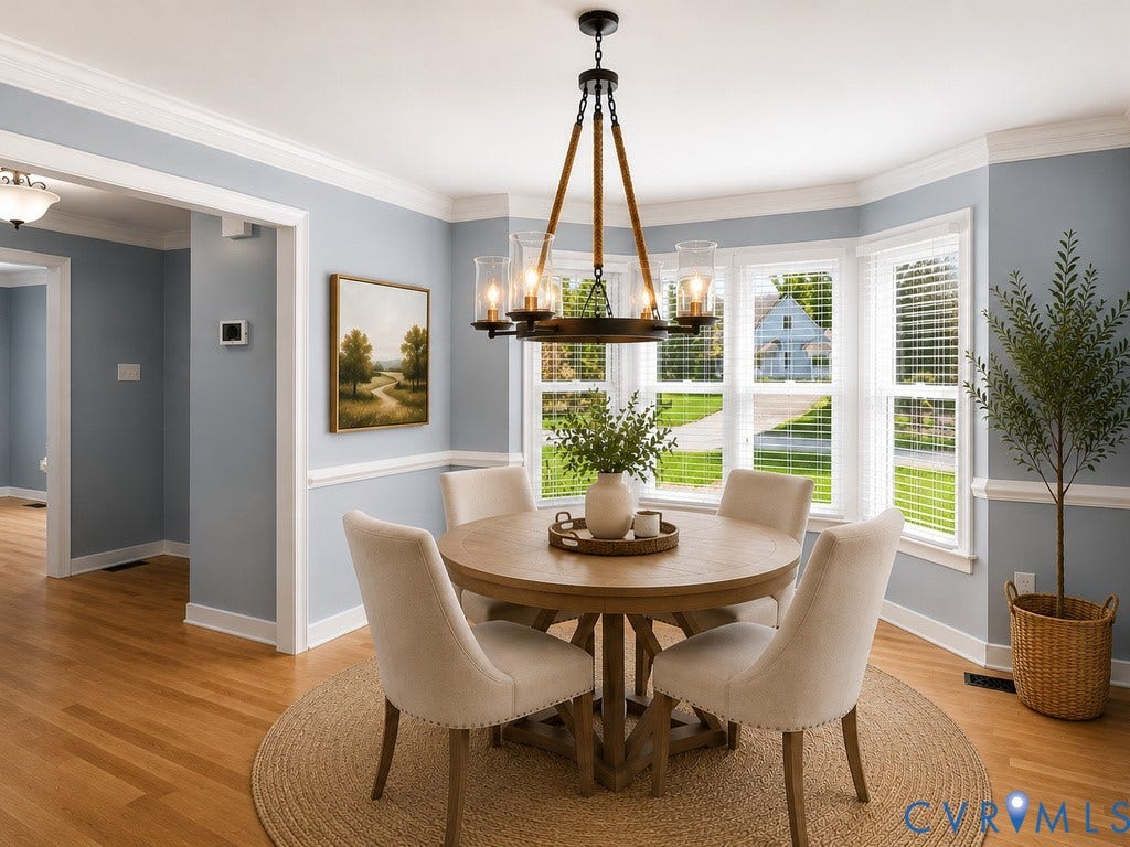 8806 Thornton Heath Drive, Chesterfield, VA 23832 Dining area featuring wood-finish flooring, a contemporary chandelier, and a bay window with multiple panes