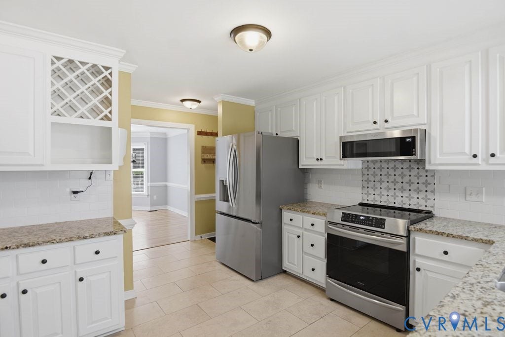 8806 Thornton Heath Drive, Chesterfield, VA 23832 White shaker-style cabinetry with black hardware, granite countertops, stainless steel appliances, decorative tile backsplash, and neutral tile flooring