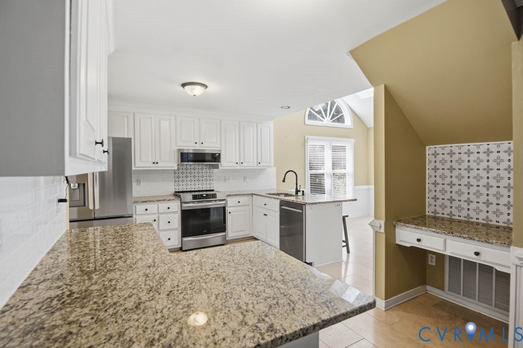 8806 Thornton Heath Drive, Chesterfield, VA 23832 Kitchen featuring white cabinetry, granite countertops, stainless steel appliances, and a mosaic tile backsplash