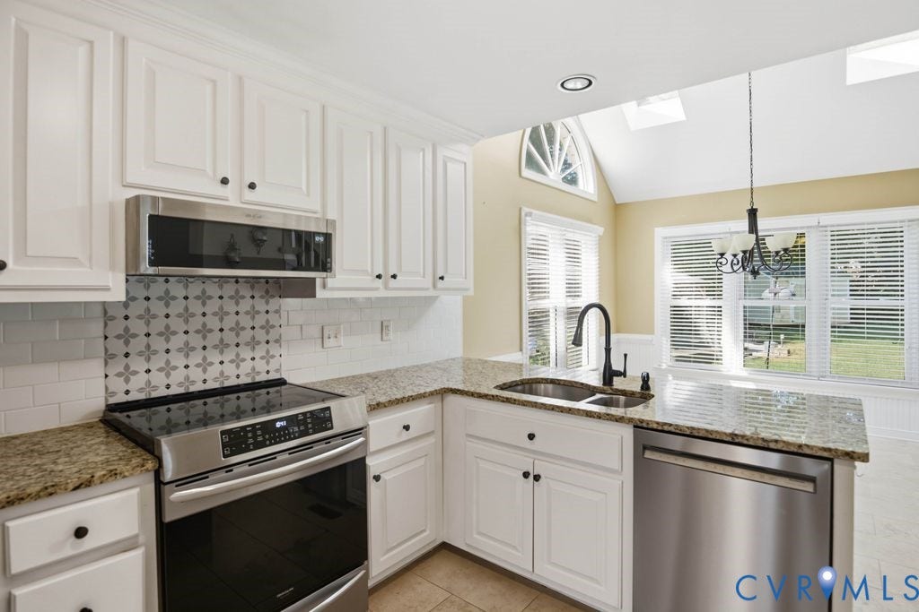 8806 Thornton Heath Drive, Chesterfield, VA 23832 Kitchen featuring white cabinetry, granite countertops, stainless steel appliances, and a tile backsplash with decorative accents