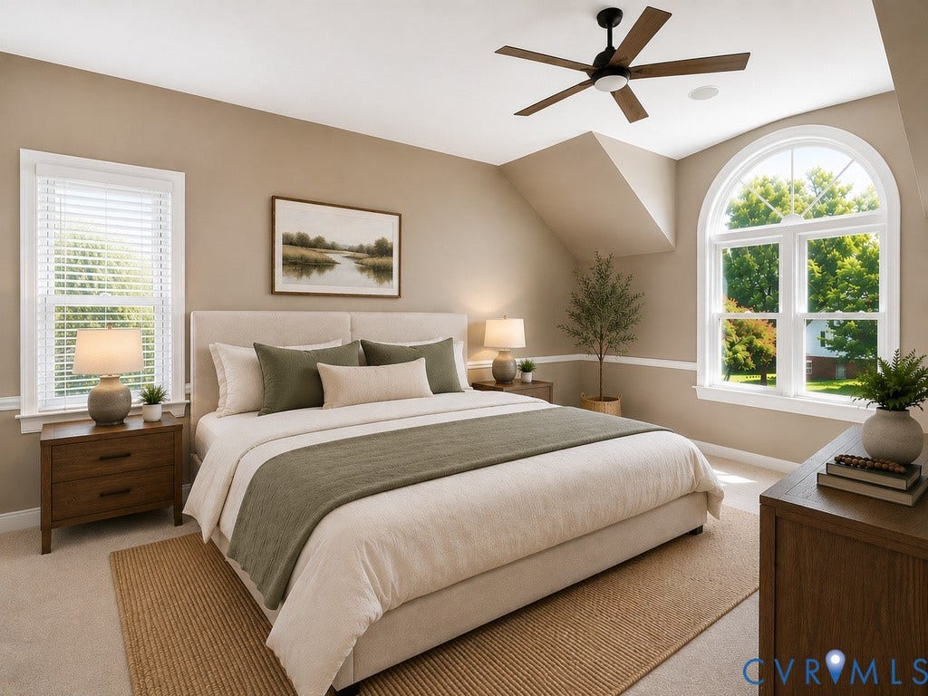 8806 Thornton Heath Drive, Chesterfield, VA 23832 Arched window, rectangular window with blinds, ceiling fan, carpeted flooring, and wall molding