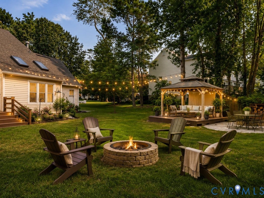 8806 Thornton Heath Drive, Chesterfield, VA 23832 Expansive backyard oasis featuring a stone-constructed fire pit surrounded by mature landscaping, manicured lawn, and Adirondack seating