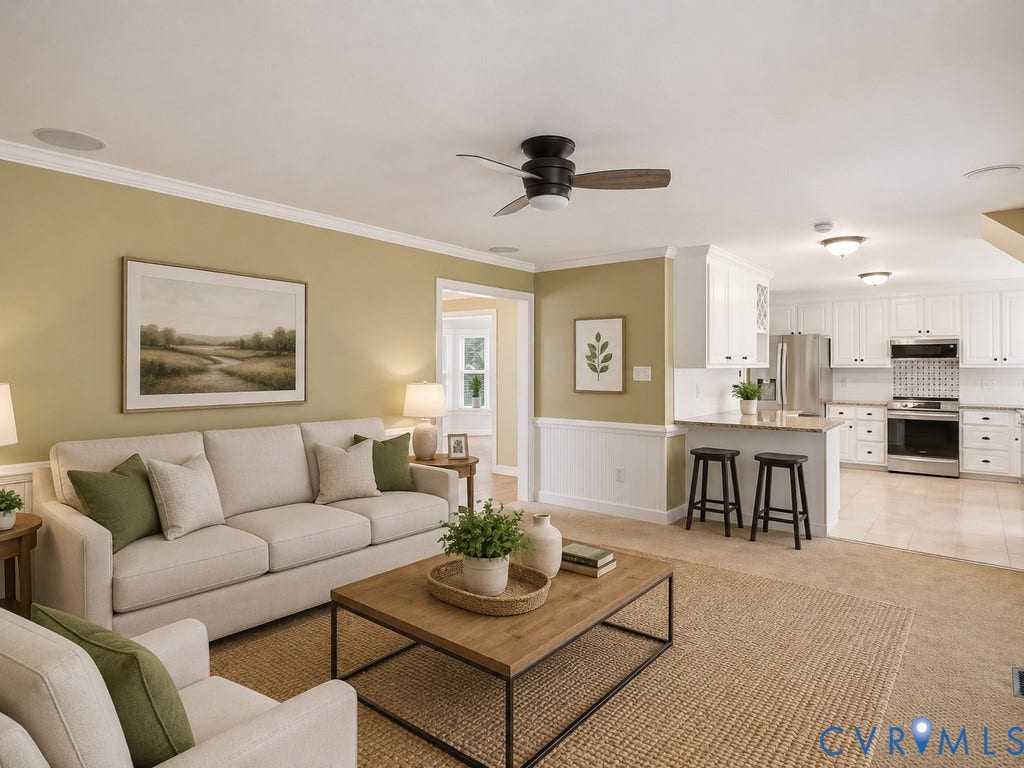 8806 Thornton Heath Drive, Chesterfield, VA 23832 Open-concept living area with a ceiling fan, crown molding, and wainscoting