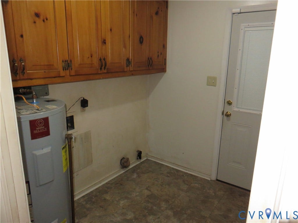 3107 Neale Street, Eastern Henrico, Richmond, VA 23223 Upper cabinetry with wood-finish doors, utility water heater, and a paneled exterior door with an integrated privacy blind
