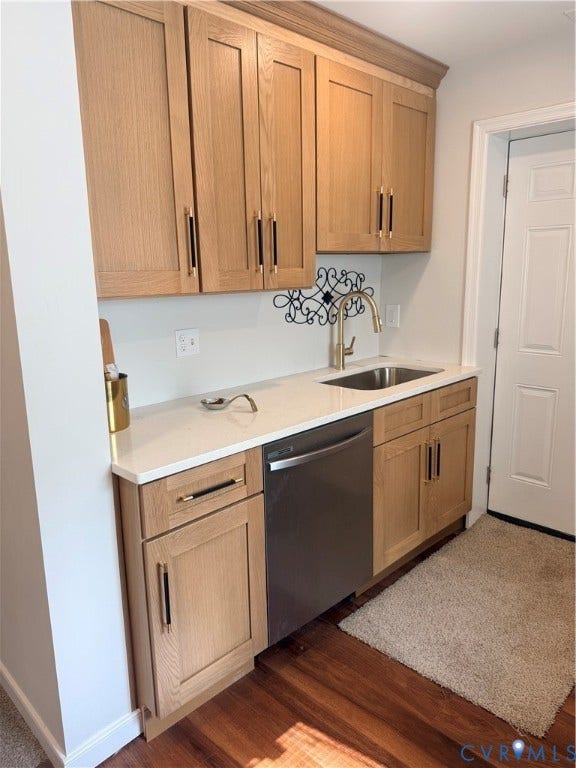 1826 Claiborne Street, Byrd Park, Richmond, VA 23220 Light wood-finish cabinetry with modern hardware, stainless steel sink with gold-tone faucet, integrated dishwasher, and wood-finish flooring