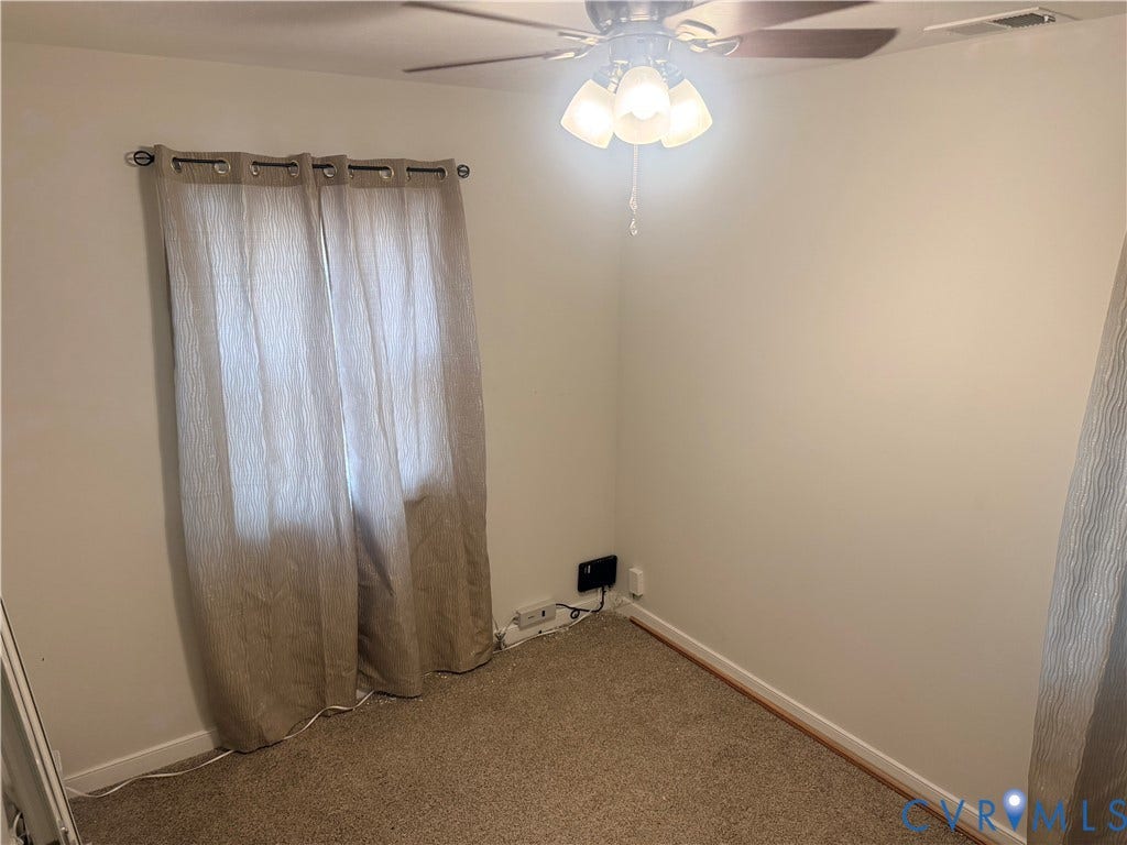 1826 Claiborne Street, Byrd Park, Richmond, VA 23220 Neutral wall paint, ceiling fan with light fixture, and carpeted flooring
