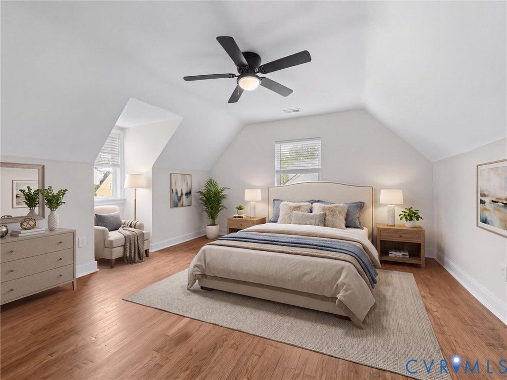 709 Ratcliffe Avenue, Richmond, VA 23222 Vaulted ceiling with a ceiling fan, wood-finish flooring, two windows with blinds, and built-in architectural dormers
*Virtually Staged