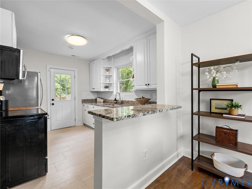 709 Ratcliffe Avenue, Richmond, VA 23222 Kitchen featuring white cabinetry, granite countertops, tile backsplash, stainless steel appliances, and a glass-paneled exterior door
