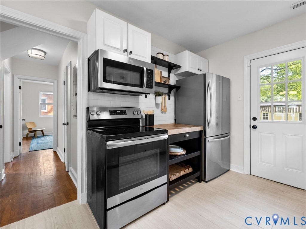 709 Ratcliffe Avenue, Richmond, VA 23222 Kitchen featuring stainless steel appliances, white subway tile backsplash, white upper cabinetry, butcher block countertop, and light-colored tile flooring