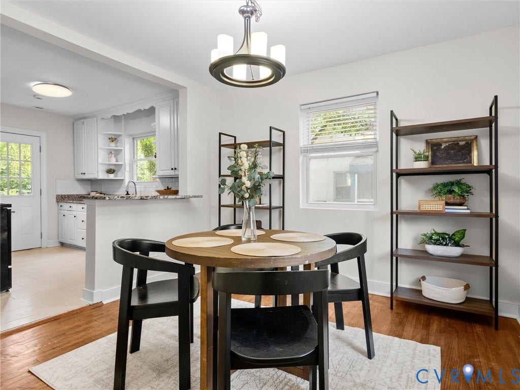 709 Ratcliffe Avenue, Richmond, VA 23222 Wood-finish flooring, recessed lighting, and a kitchen featuring white cabinetry, a light-toned backsplash, and granite-style countertops