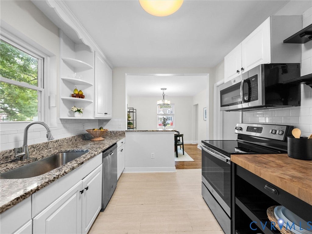 709 Ratcliffe Avenue, Richmond, VA 23222 Kitchen featuring white cabinetry, granite countertops, stainless steel appliances, a subway tile backsplash, and light wood-finish flooring