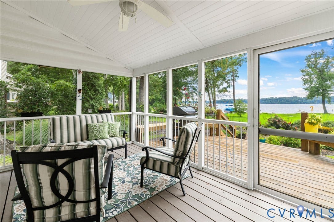 3416 Walkers Ferry Road, Walkers Ferry, Midlothian, VA 23112 Screened porch with painted wood-finish flooring and a white ceiling fan