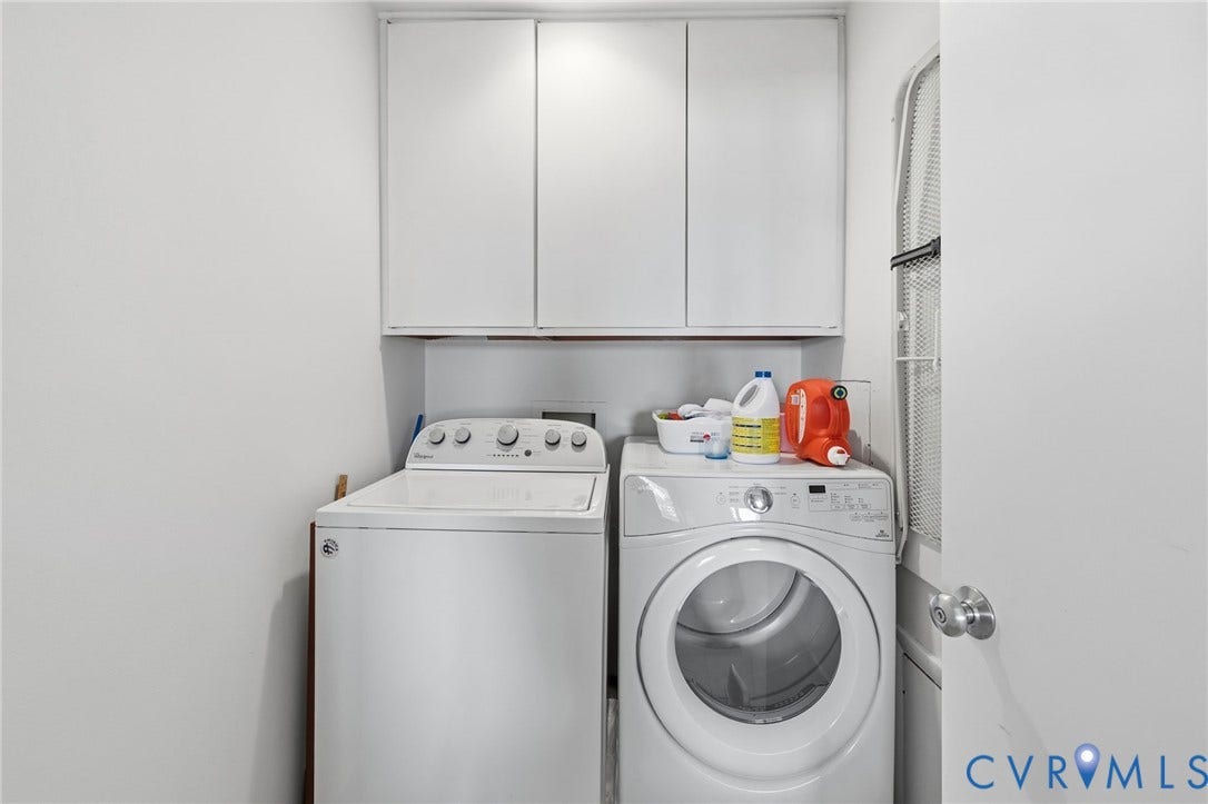 3416 Walkers Ferry Road, Walkers Ferry, Midlothian, VA 23112 Recessed laundry area with white cabinetry and a white door
