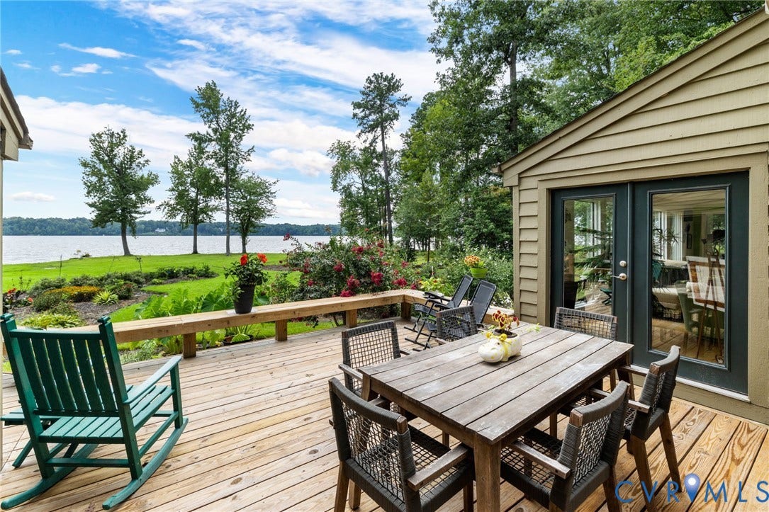 3416 Walkers Ferry Road, Walkers Ferry, Midlothian, VA 23112 Expansive wood-finish deck with direct water frontage, lush landscaping, and exterior french doors