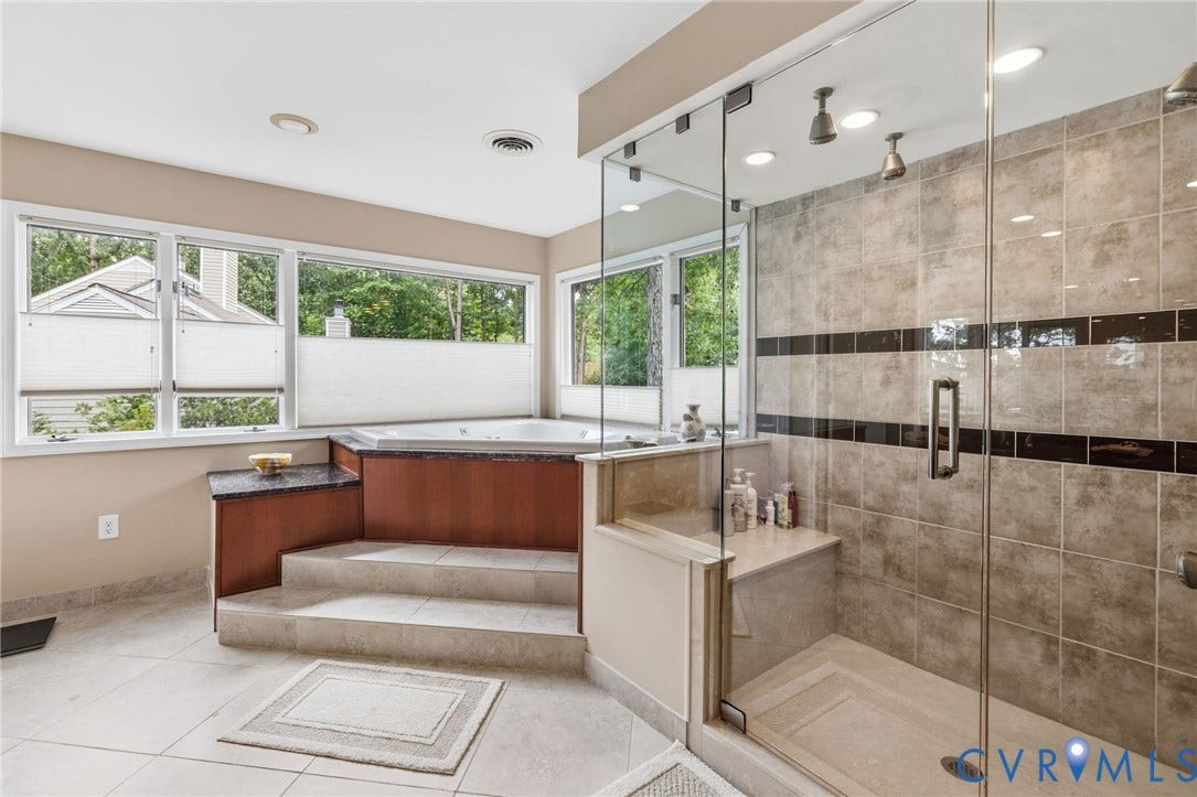 3416 Walkers Ferry Road, Walkers Ferry, Midlothian, VA 23112 Glass-enclosed shower with multiple showerheads and a built-in bench
