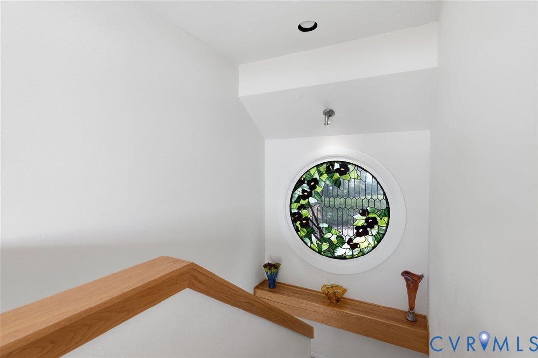 3416 Walkers Ferry Road, Walkers Ferry, Midlothian, VA 23112 Recessed ceiling lighting, circular stained glass window, wood-finish railing, and integrated wood-finish shelf