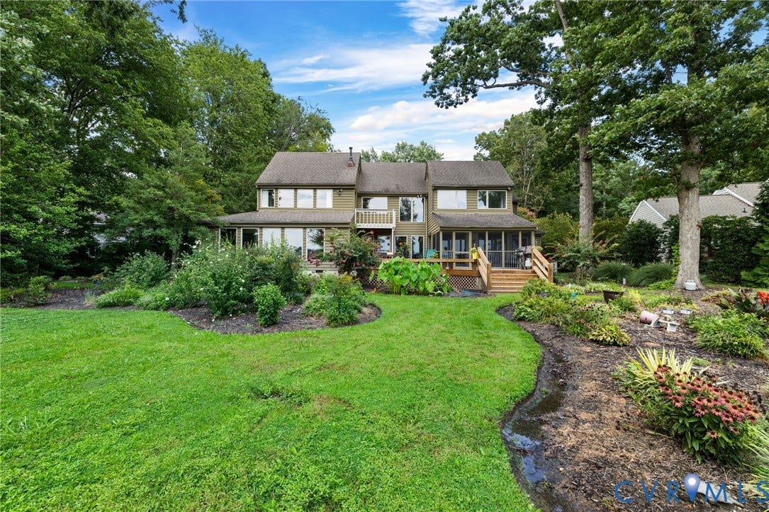 3416 Walkers Ferry Road, Walkers Ferry, Midlothian, VA 23112 Expansive rear facade with multiple windows, a screened-in porch, and a wooden deck