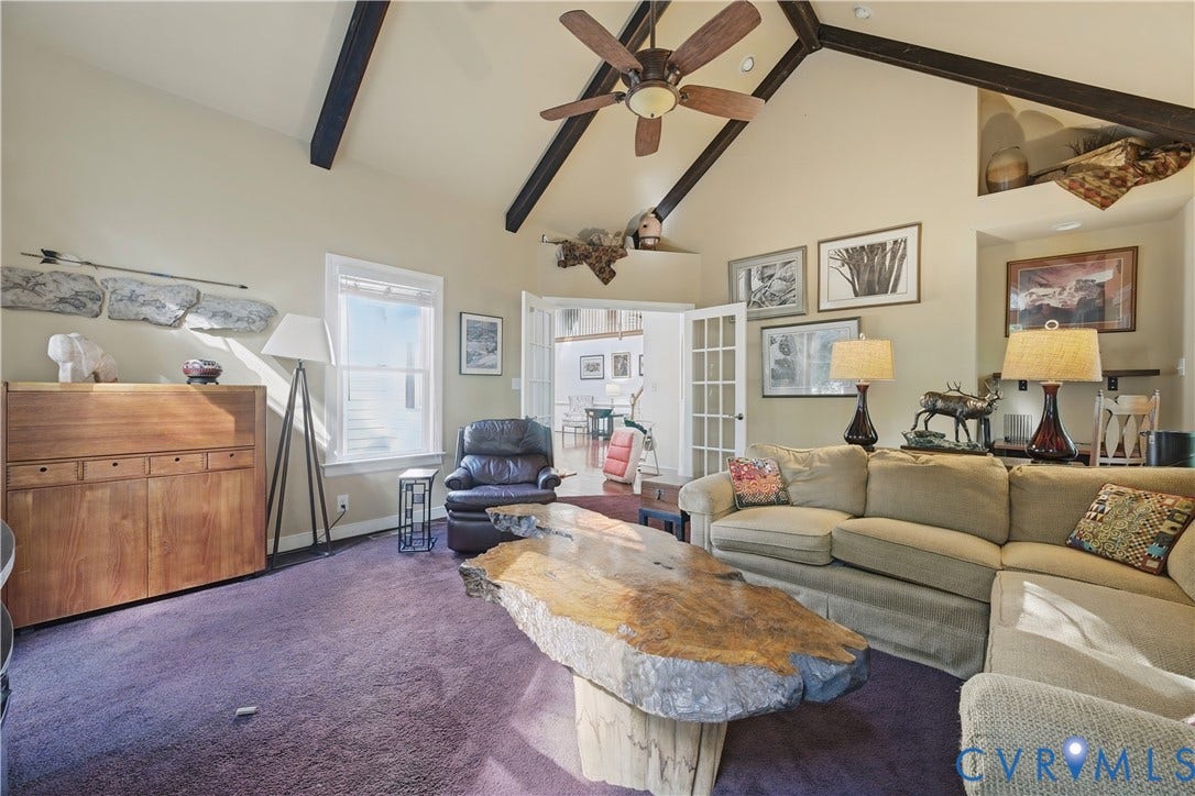 411 Hickory Drive, Manakin Sabot, VA 23103 Vaulted ceiling with exposed wood beams, ceiling fan, and double French doors