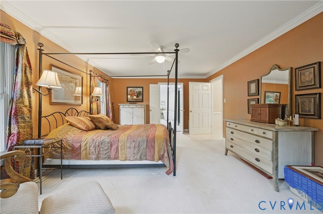 411 Hickory Drive, Manakin Sabot, VA 23103 Spacious room featuring light-toned carpeting, crown molding, and a ceiling fan