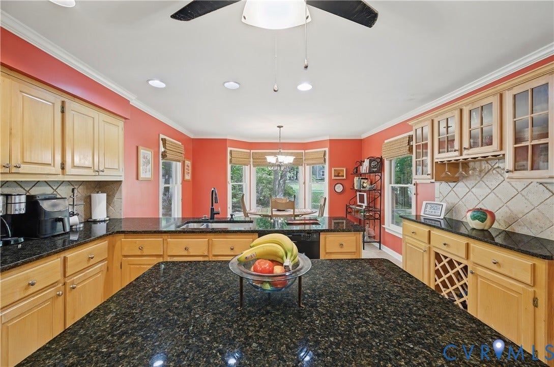 411 Hickory Drive, Manakin Sabot, VA 23103 Kitchen featuring light wood cabinetry, dark granite countertops, tile backsplash, and a bay window