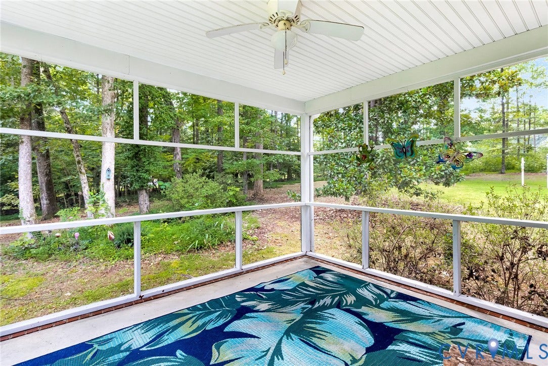 10478 Gould Hill Road, Studley, Hanover, VA 23069 Screened porch featuring a ceiling fan, white paneled ceiling, and concrete flooring. Great view of private backyard
