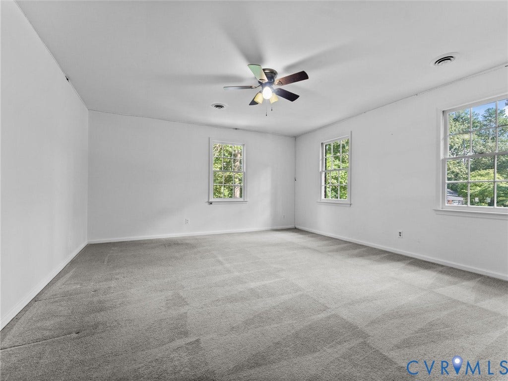 3610 Castlebury Drive, Chester, VA 23831 Neutral wall finishes, carpeted flooring, multiple windows, recessed lighting, and a ceiling fan