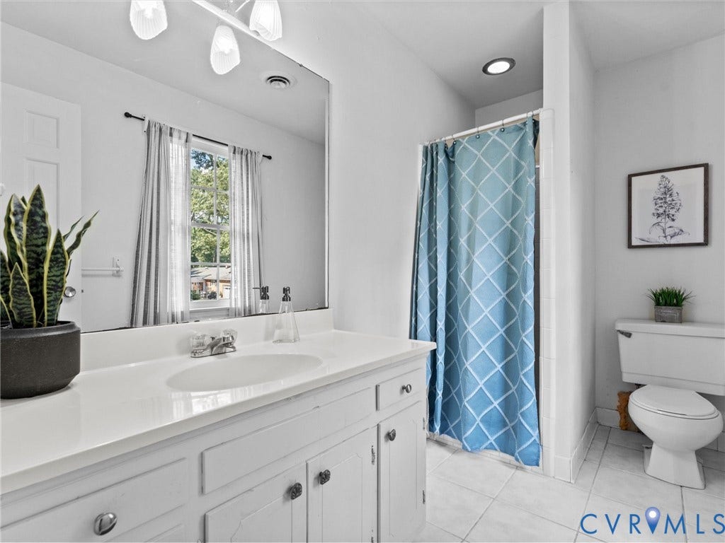 3610 Castlebury Drive, Chester, VA 23831 White vanity with integrated sink, rectangular mirror, tile flooring, and recessed lighting