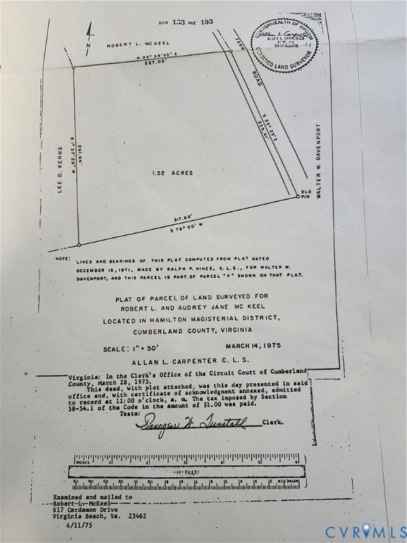 0 Mt. Airy Road, Cumberland, VA 23040 Land Survey Plat. Illustrating the boundaries, acreage, and geographical coordinates of the property