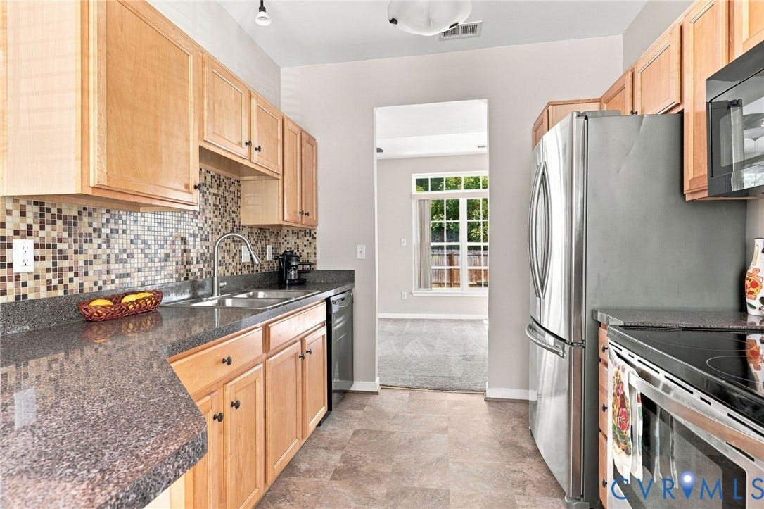 3818 Dominion Townes Circle, Dominion Townes, Richmond, VA 23223 Kitchen featuring wood cabinetry, stainless steel appliances, mosaic tile backsplash, and stone-finish countertops