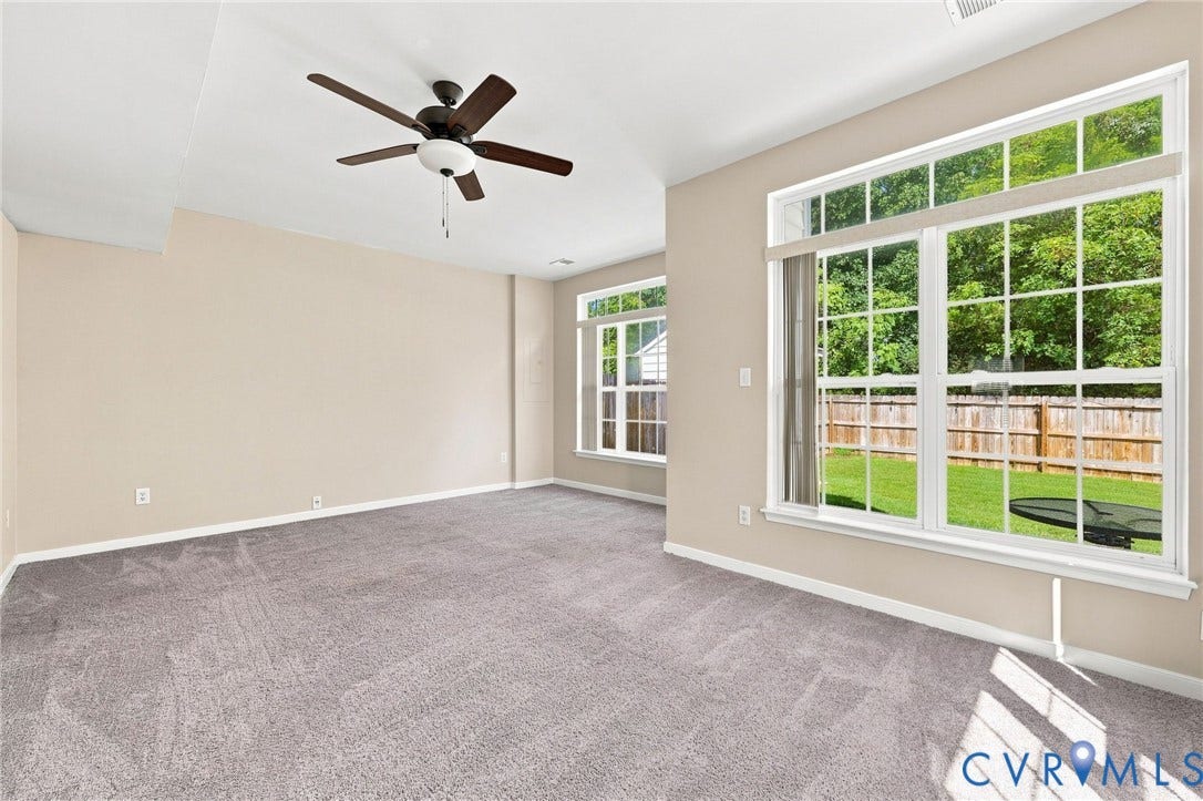3818 Dominion Townes Circle, Dominion Townes, Richmond, VA 23223 Neutral-toned walls, high ceilings, ceiling fan, large windows, and gray carpeted flooring