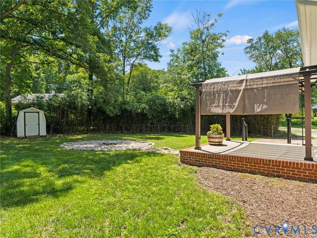 Large fenced yard with detached storage shed