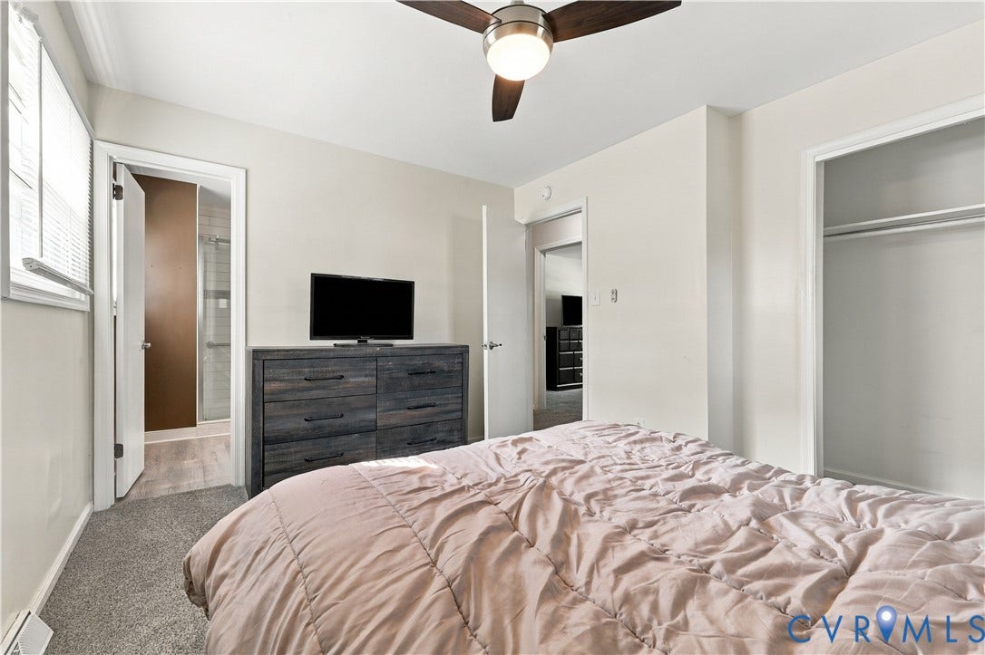 Window with blinds, ceiling fan with light fixture, wall-to-wall carpeting, and an open closet with shelving