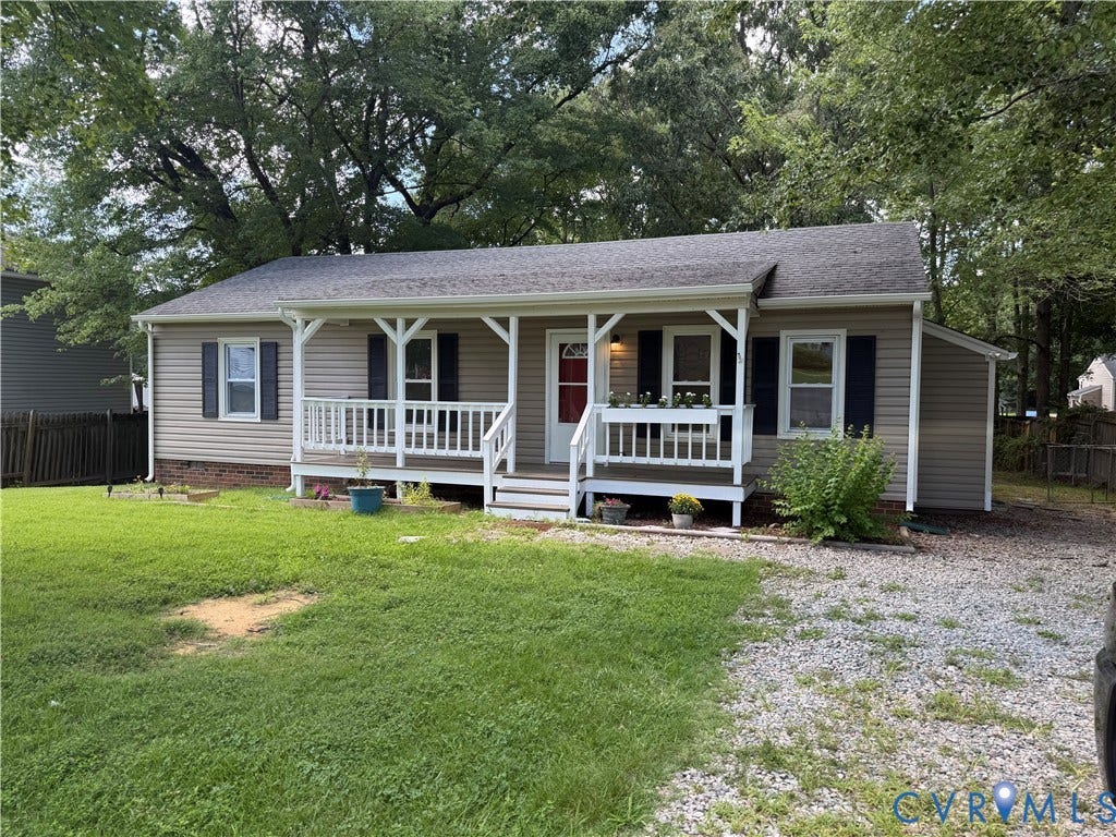 4706 Glen Tara Drive, Midlothian, VA 23112 Front exterior featuring a covered porch with white railings, tan horizontal siding, and dark shutters