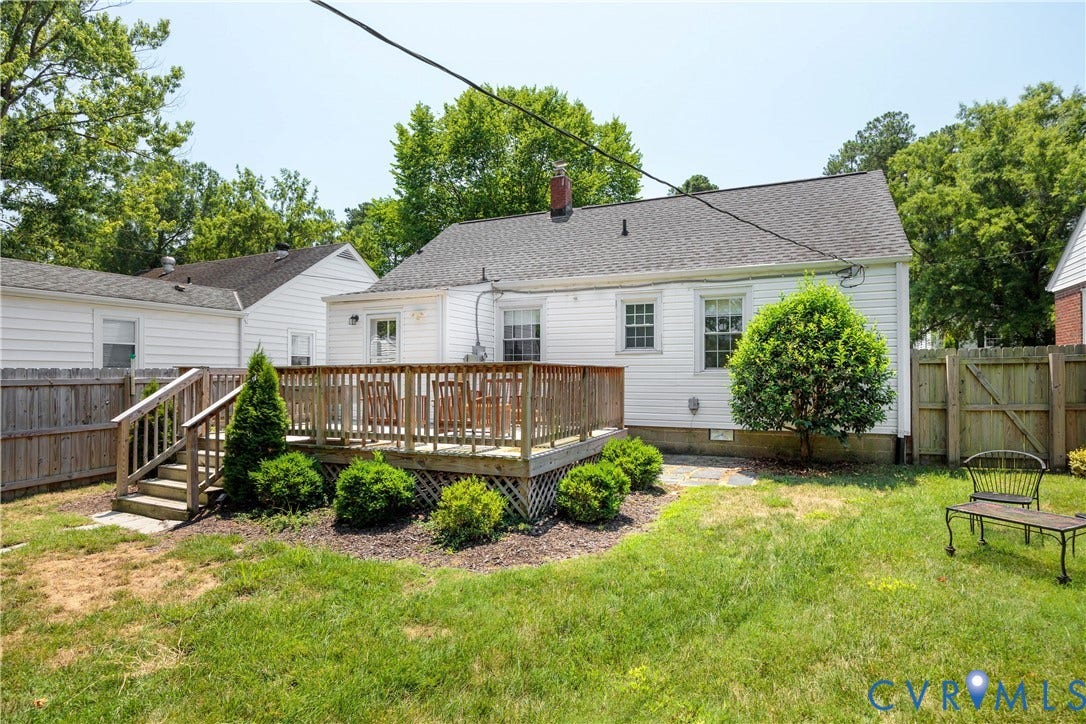 6710 Hanover Avenue, Westhampton Heights, Richmond, VA 23226 Expansive wooden deck with railing and stairs, surrounded by mature landscaping and a private fenced yard