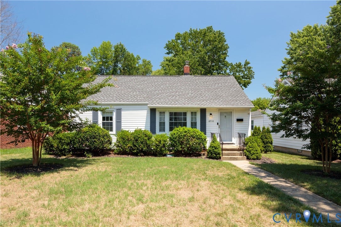 6710 Hanover Avenue, Westhampton Heights, Richmond, VA 23226 White siding exterior with a shingled roof, front porch, and established landscaping