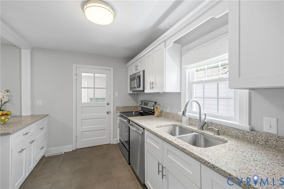 6710 Hanover Avenue, Westhampton Heights, Richmond, VA 23226 Kitchen featuring white cabinetry, quartz countertops, stainless steel appliances, a double stainless basin sink, and tile flooring.