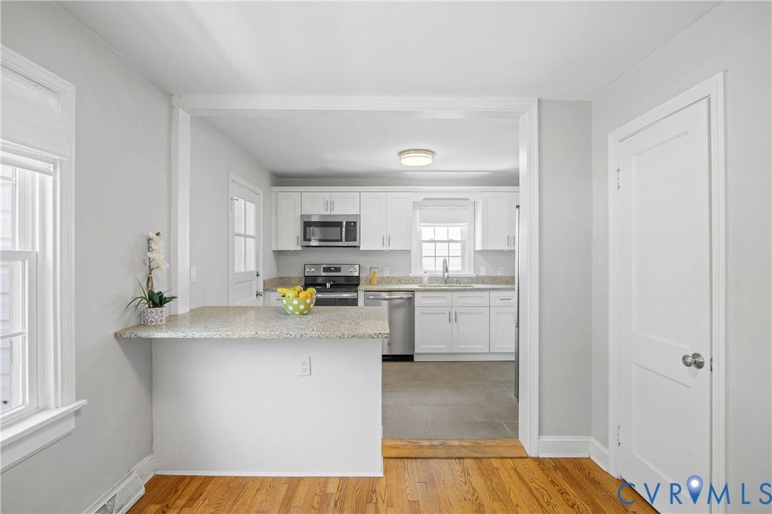 6710 Hanover Avenue, Westhampton Heights, Richmond, VA 23226 Hardwood flooring, kitchen with white cabinetry, stainless steel appliances, and quartz countertop,