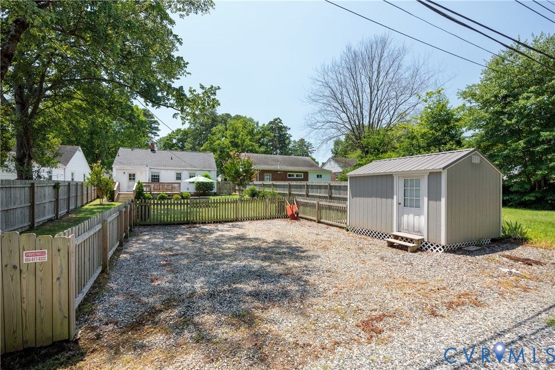 6710 Hanover Avenue, Westhampton Heights, Richmond, VA 23226 Gravel driveway off the alley with outdoor area with a utility shed featuring a metal roof
