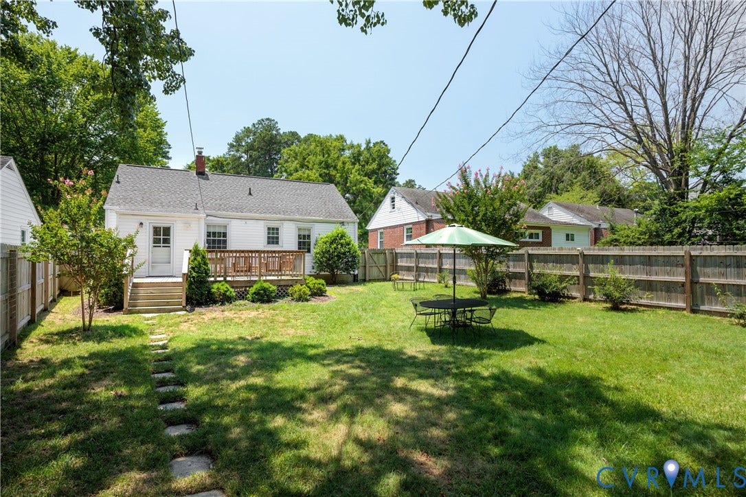 6710 Hanover Avenue, Westhampton Heights, Richmond, VA 23226 Expansive backyard featuring a wood fence, stepping stone path, and a rear wood deck with stairs