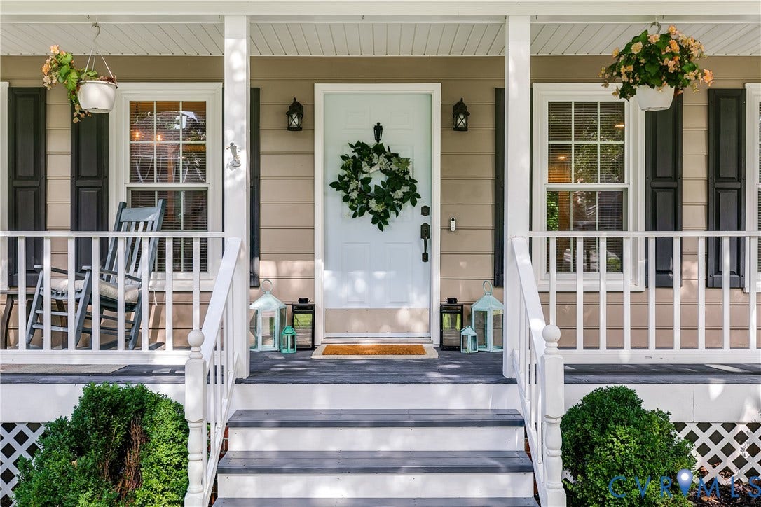 2844 Broadford Lane, Henrico, VA 23233 Front porch with white railings, tan siding, and dark shutters