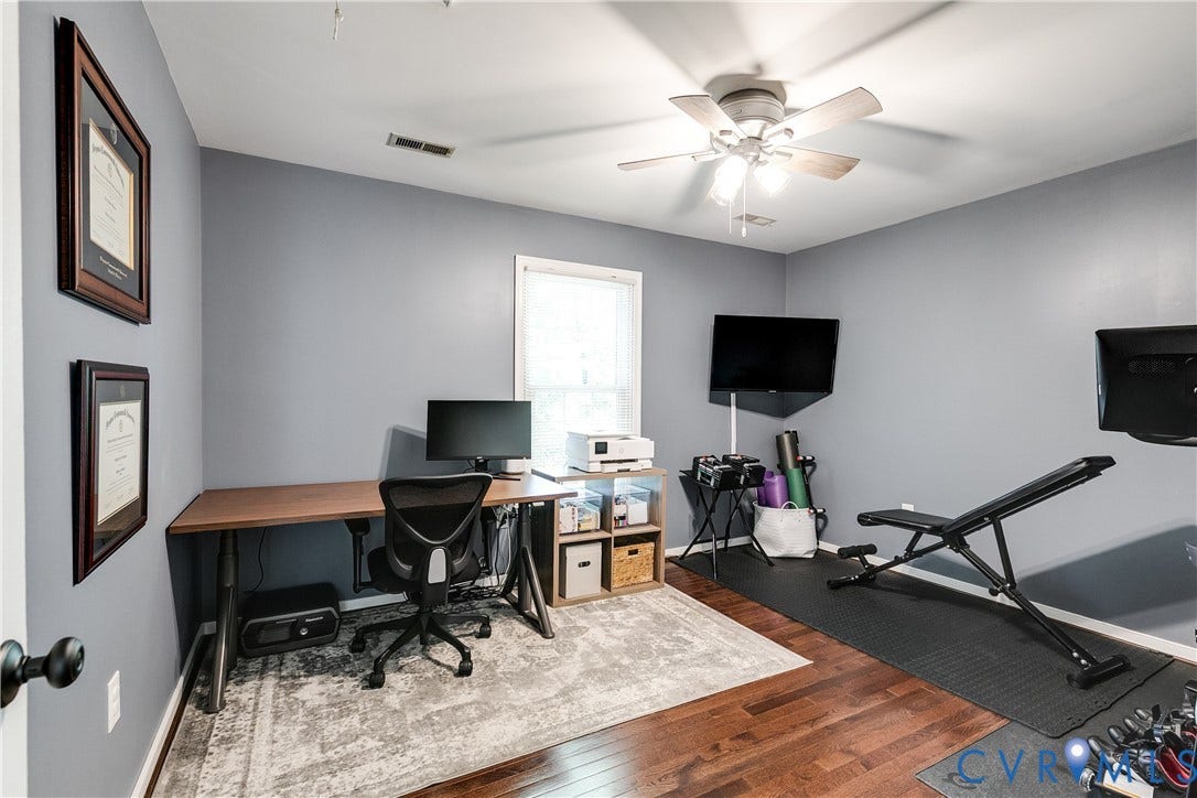 2844 Broadford Lane, Henrico, VA 23233 Hardwood-finish flooring, ceiling fan with integrated lighting, window with natural light, and wall-mounted television