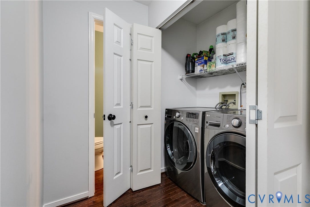 2844 Broadford Lane, Henrico, VA 23233 Dedicated laundry area featuring dual appliances and an overhead storage shelf