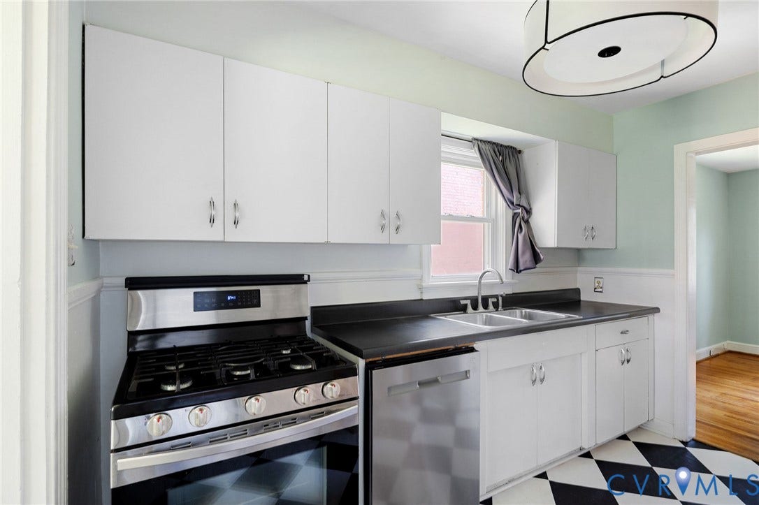 808 W 47th Street, Richmond, VA 23225 Stainless steel range and dishwasher, dual basin sink, white cabinetry, dark countertops, and checkerboard flooring