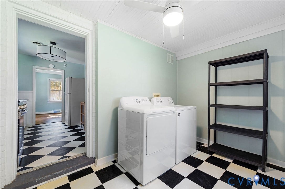 808 W 47th Street, Richmond, VA 23225 Laundry area featuring checkerboard flooring, light green walls, a ceiling fan, and built-in shelving