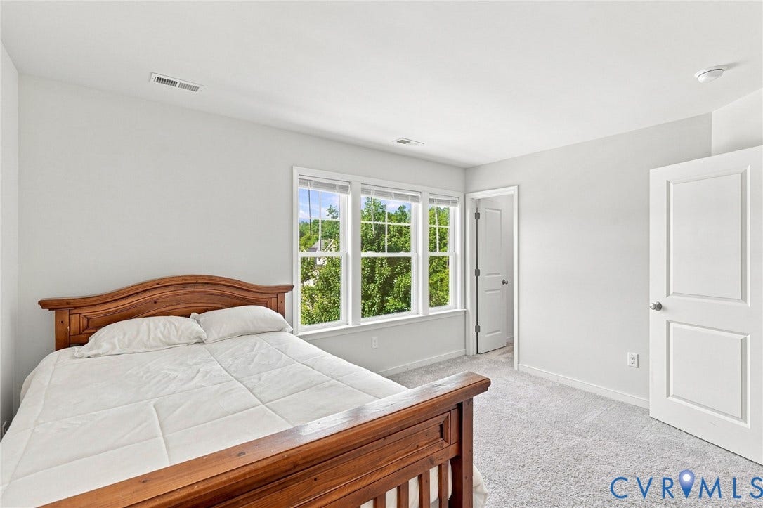 6400 Richwood Trail, Aston Oaks (Section 1), Chesterfield, VA 23120 Light gray wall paint, carpet flooring, multiple windows with white trim, and a paneled interior door