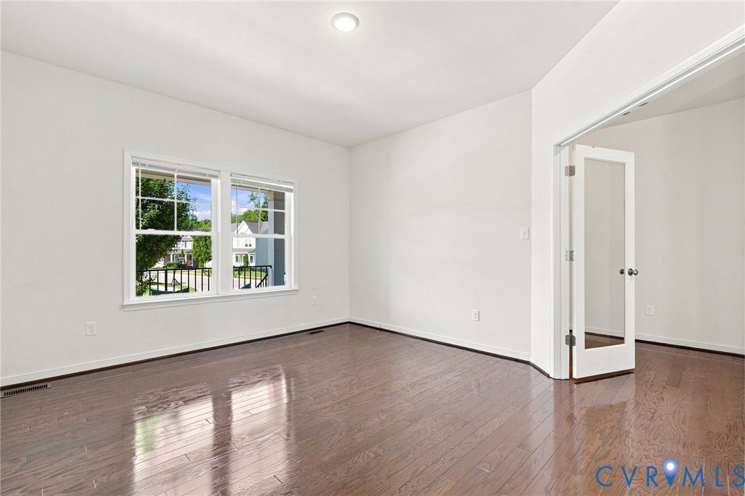 6400 Richwood Trail, Aston Oaks (Section 1), Chesterfield, VA 23120 Wood-finish flooring, white walls, double window with white blinds, recessed lighting, and a glass-paneled door