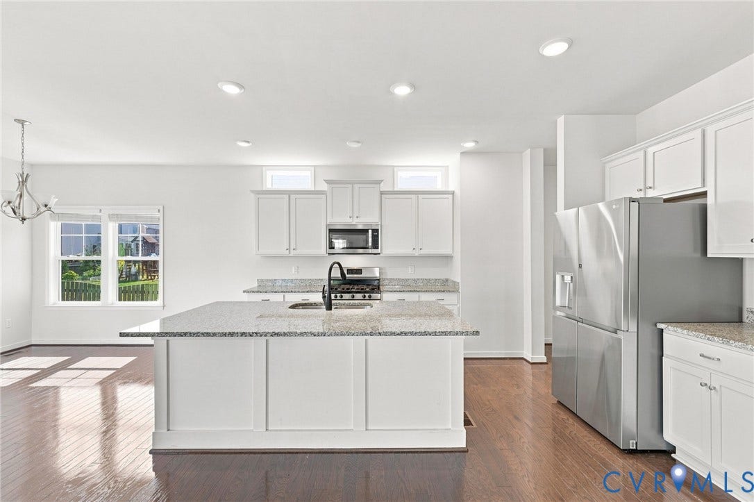 6400 Richwood Trail, Aston Oaks (Section 1), Chesterfield, VA 23120 Kitchen featuring white cabinetry, stainless steel appliances, a center island with a granite-style countertop, recessed lighting, and wood-finish flooring