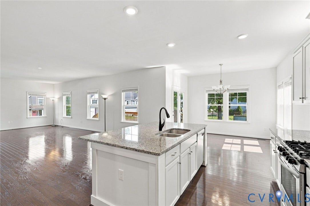 6400 Richwood Trail, Aston Oaks (Section 1), Chesterfield, VA 23120 Kitchen island with granite countertop and undermount sink, stainless steel range, recessed lighting, and wood-finish flooring throughout