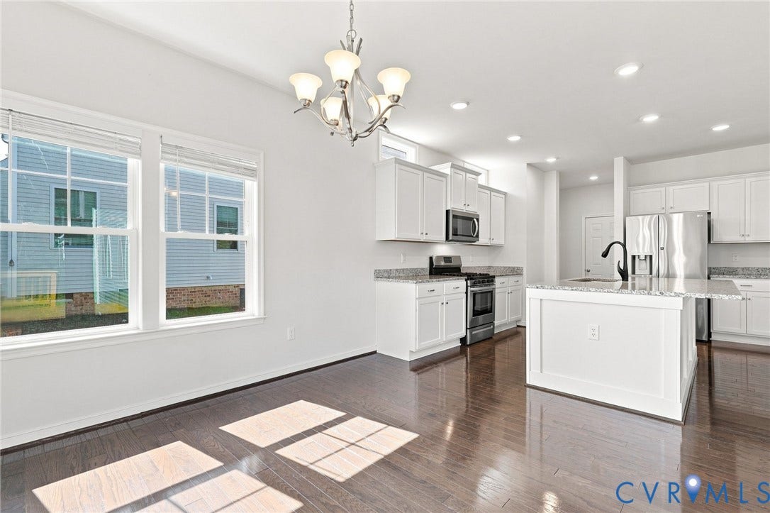 6400 Richwood Trail, Aston Oaks (Section 1), Chesterfield, VA 23120 Open-concept living space featuring wood-finish flooring, white cabinetry, stainless steel appliances, and a central island with a sink